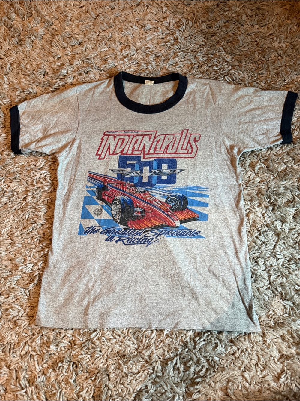 Vintage 80s Screen Stars Indianapolis 500 Racing Ringer T-Shirt Gray Navy